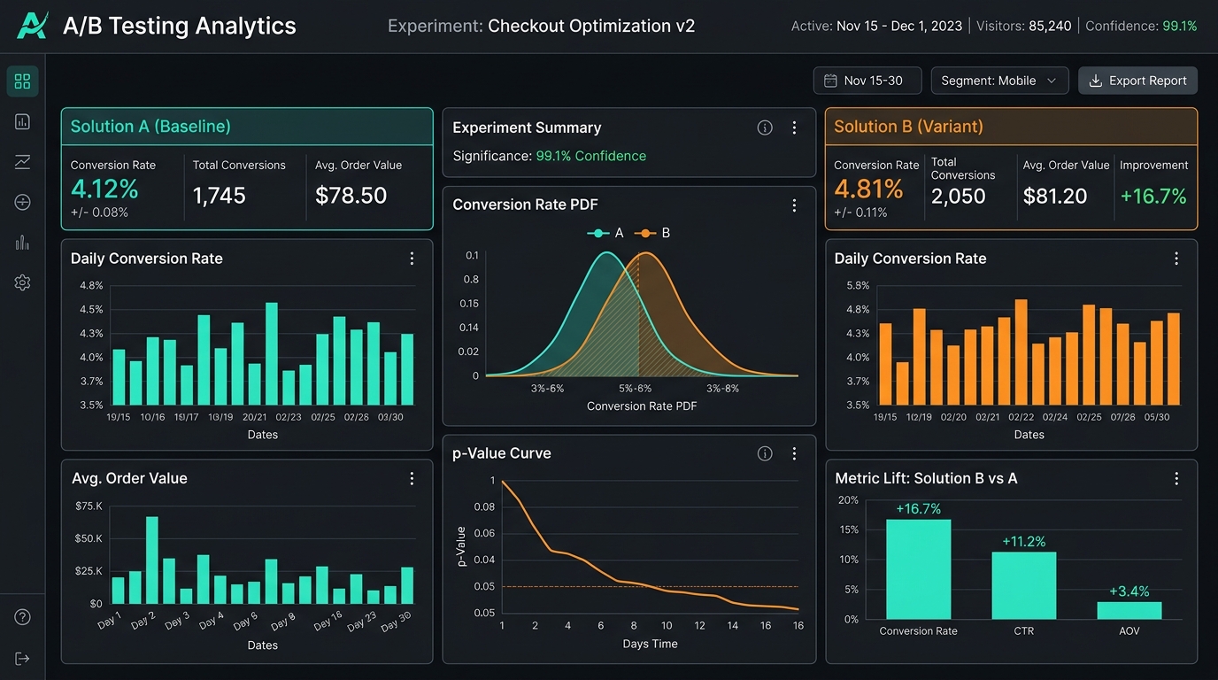 A/B Testing Analytics Dashboard — Solution A vs Solution B panels with conversion rates, p-value curves, and 99.1% statistical confidence