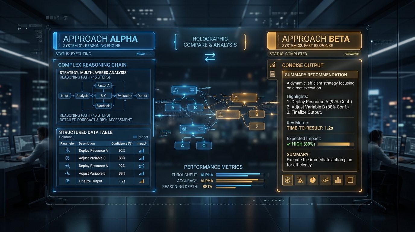 Dual-Model Comparison Interface — Approach Alpha (blue, deep reasoning) vs Approach Beta (amber, fast output) on a dark glassmorphism UI with central holographic decision tree